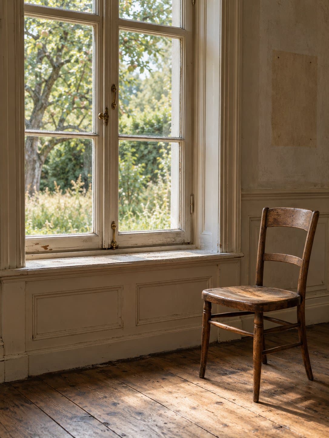 Fensterbank in einem alten Haus mit Blick in einen verwilderten Garten, davor ein leerer Holzstuhl im weichen Licht